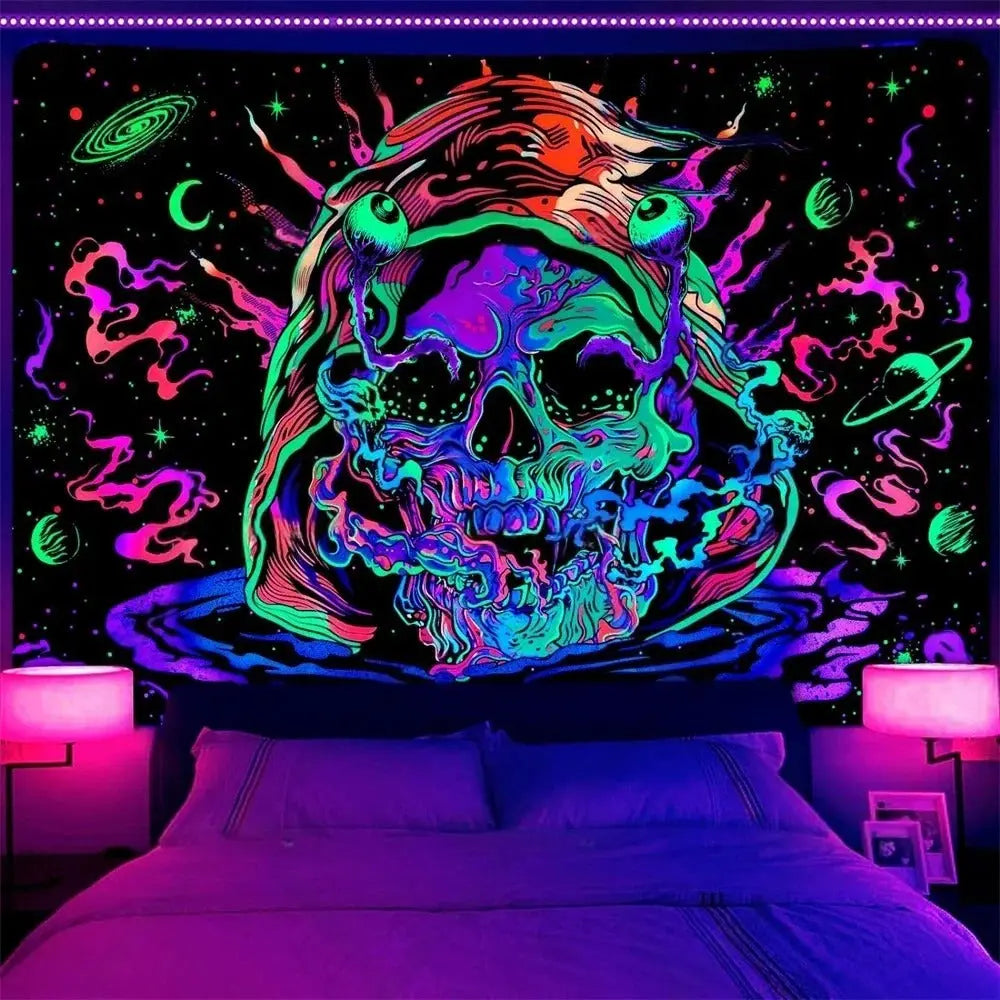Trippy skeleton DJ wall banner

Blacklight reactive neon skull backdrop

UV skeleton music room decor

Hip hop DJ tapestry for parties