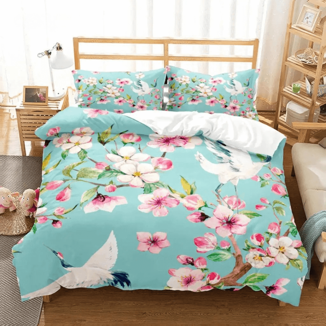 Vibrant exotic hummingbird print bed cover