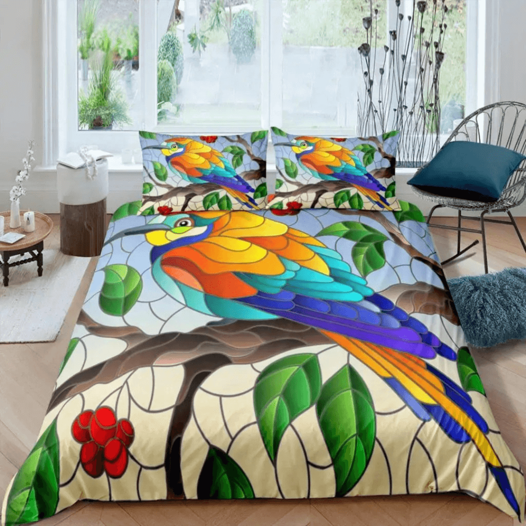 Colorful tropical bird print duvet cover