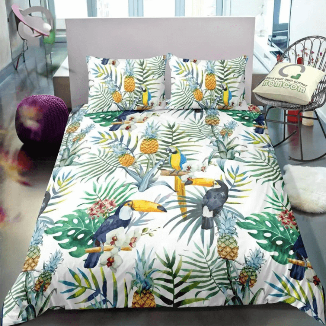 Hummingbird and flower comforter cover close-up