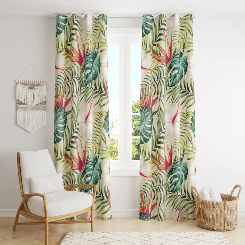 Tropical Curtains, Botanical Flowers Panel Curtains, Exotic Flowers Window Curtains, Tropic Flowers Drapes, Tropical Flowers Curtain Panels