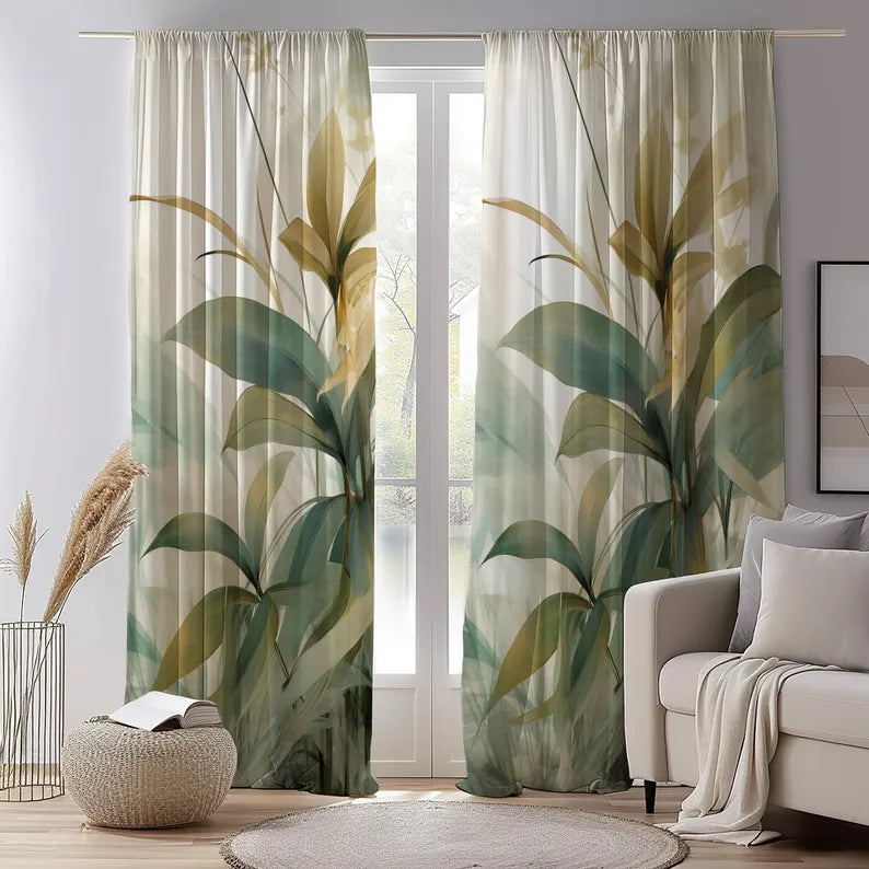 Tropical Curtains, Botanical Leaves Curtains, Tropical Leaf Window Curtain Panels, Exotic Leaves Curtains, Botanical Grommet Curtains Panel