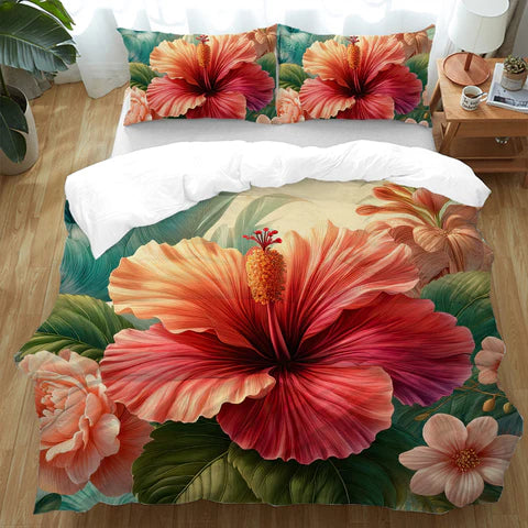 Floral bedding set with hibiscus flowers for bedroom decor