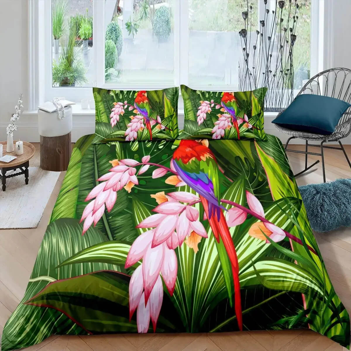 palm leaf tropical parrot bedding set