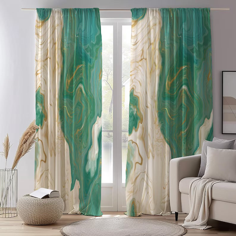 Turquoise Pattern Curtains, Marble Style Panel Curtains for Living Room or Bedroom, Marble Blackout Lining Panels, Teal Window Drapes