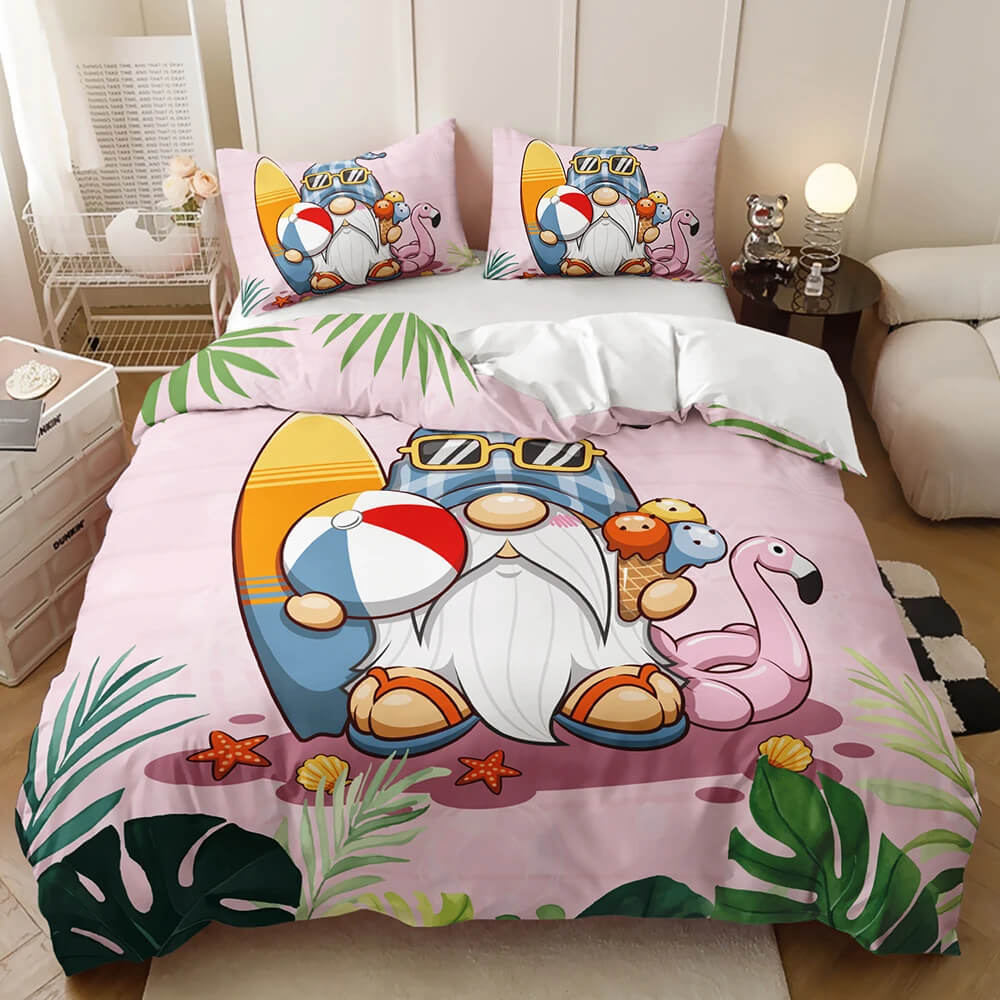 A bed dressed in a pink tropical beach-themed bedding set 4th of July 3D duvet cover patriotic bedding