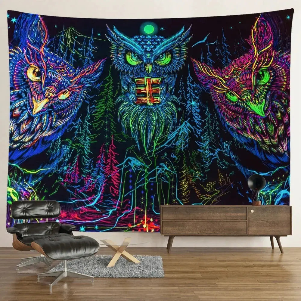 UV owl blacklight tapestry with psychedelic neon artwork glowing under black light