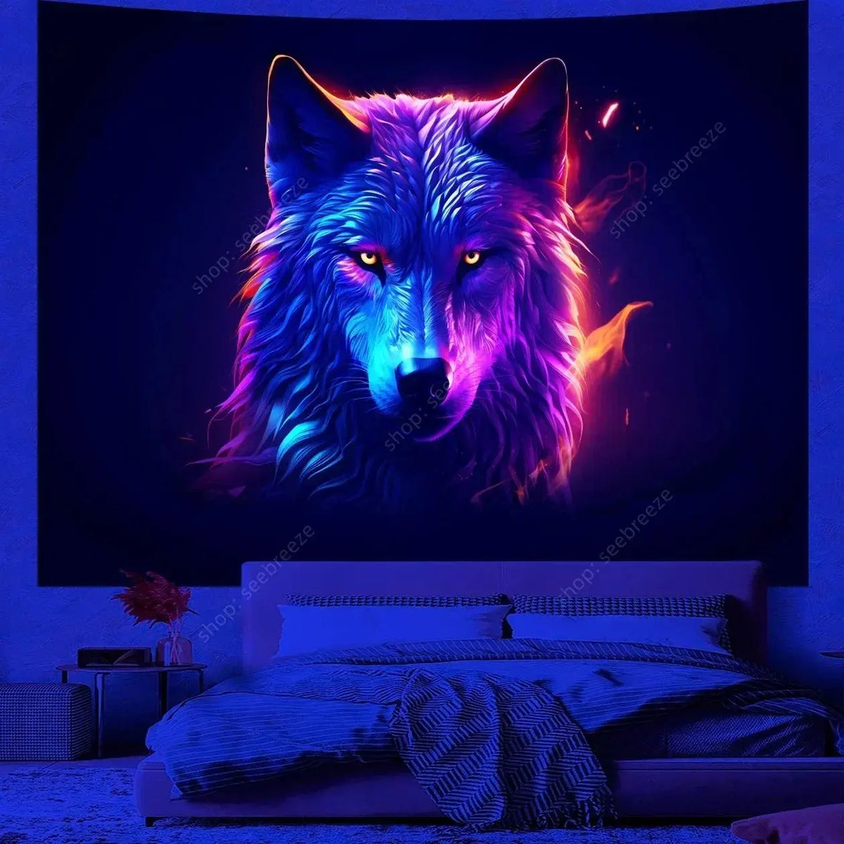 UV Reactive 3D Wolf Wall Tapestry Glowing in Blacklight