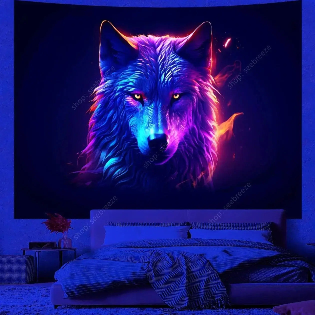 UV Reactive 3D Wolf Wall Tapestry Glowing in Blacklight