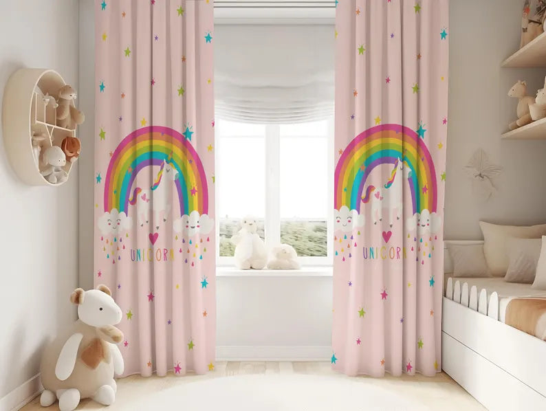 Unicorn Rainbow Kids Curtains: Pink Nursery Drapes with Stars