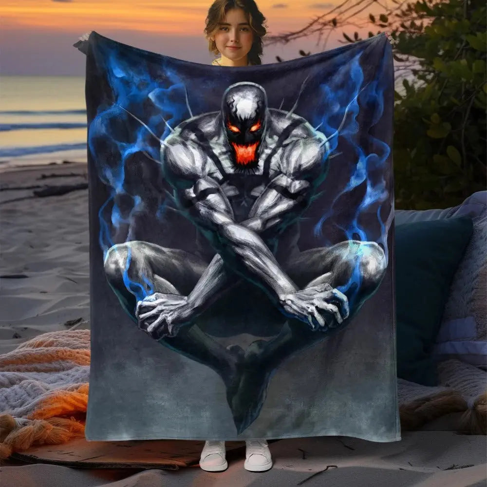 Venom flannel blanket used as cape on travel day
