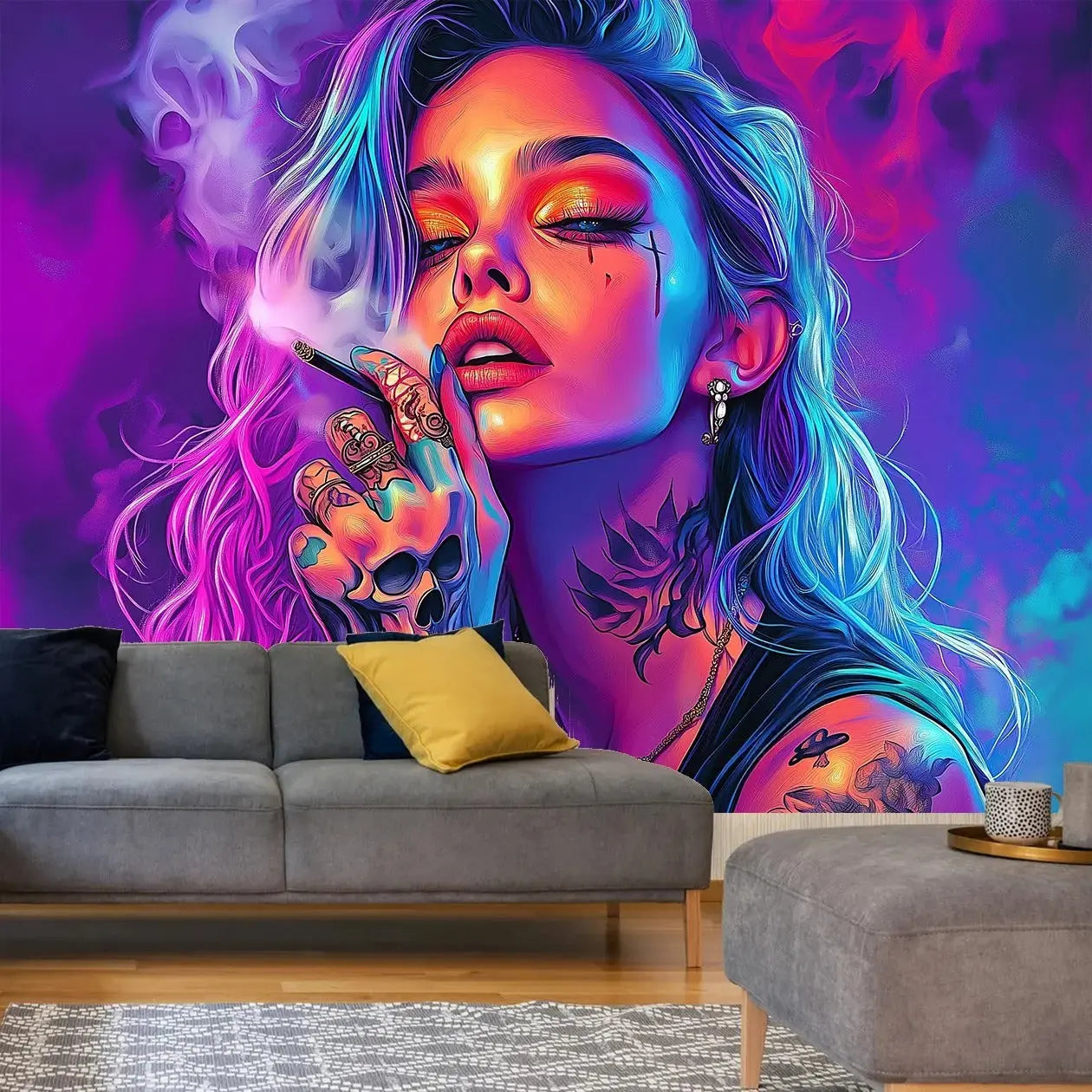 Psychedelic Skull Woman Tapestry with Smoke and Colorful Boho Elements