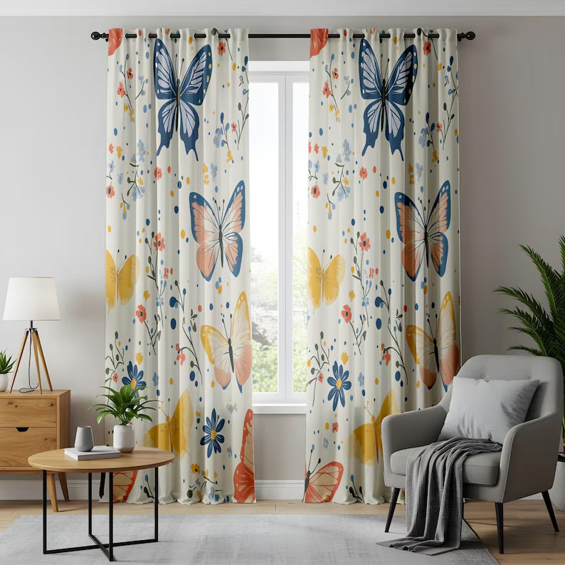 Vibrant Butterfly Living Room Curtains, Colorful Floral Window Drapes, Whimsical Nature-Inspired Home Decor, Playful Boho Style