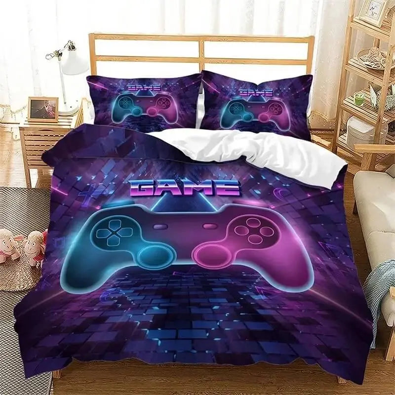 Gaming-themed doona cover folded with matching pillowcases