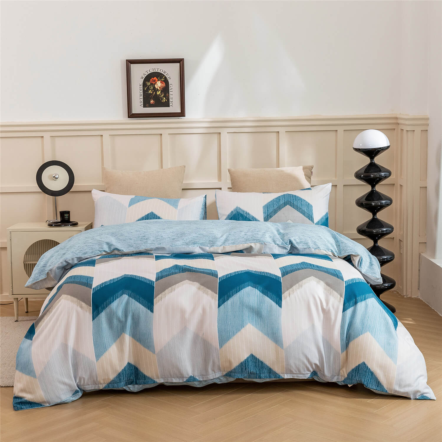 chevron-patterned bedding set, styled in a modern bedroom