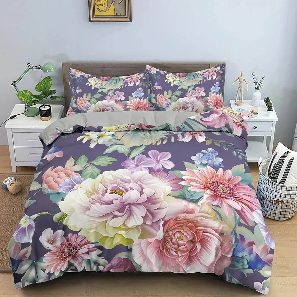 Vintage floral duvet cover set with peony and sunflower design