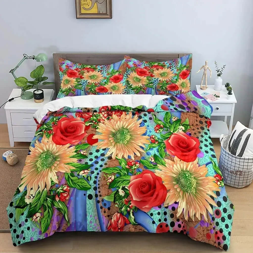 Elegant boho chic peony and sunflower bed set