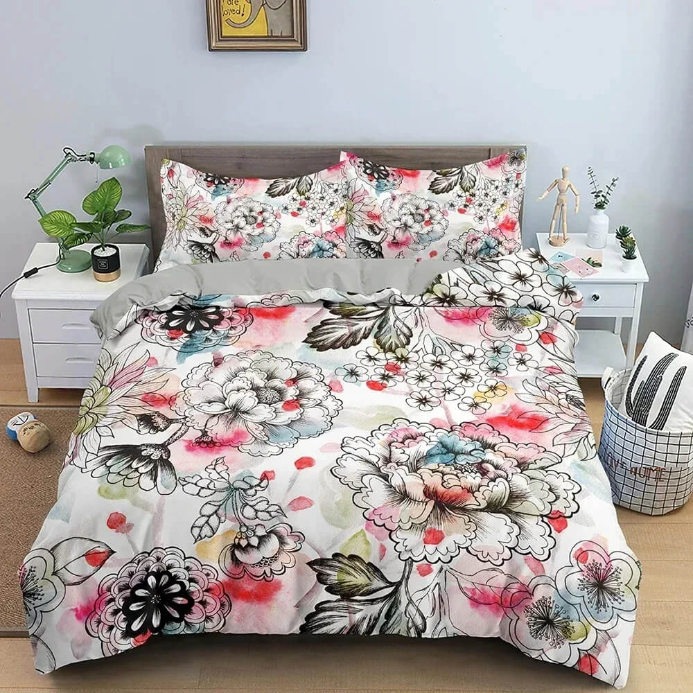 Romantic bedroom décor with floral duvet cover