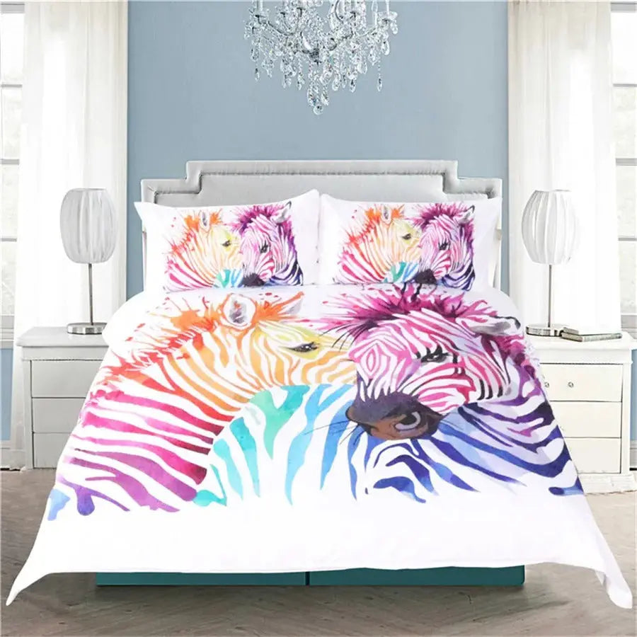 Water art zebra duvet cover set on bed with matching pillowcases in king size