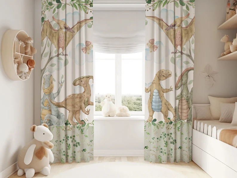 Watercolor Baby Dinosaurs Nursery Curtains - Microfiber Velveteen