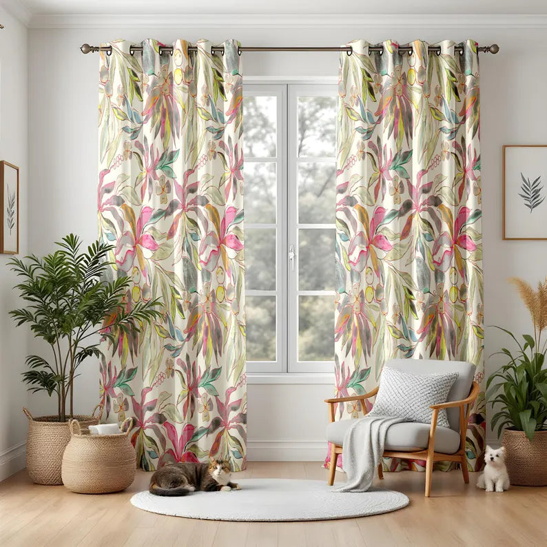 Watercolor Botanical Curtains for Living Room, Artistic Floral Print Drapes, Colorful Leaf Pattern Panels, Nature Inspired Home Decor