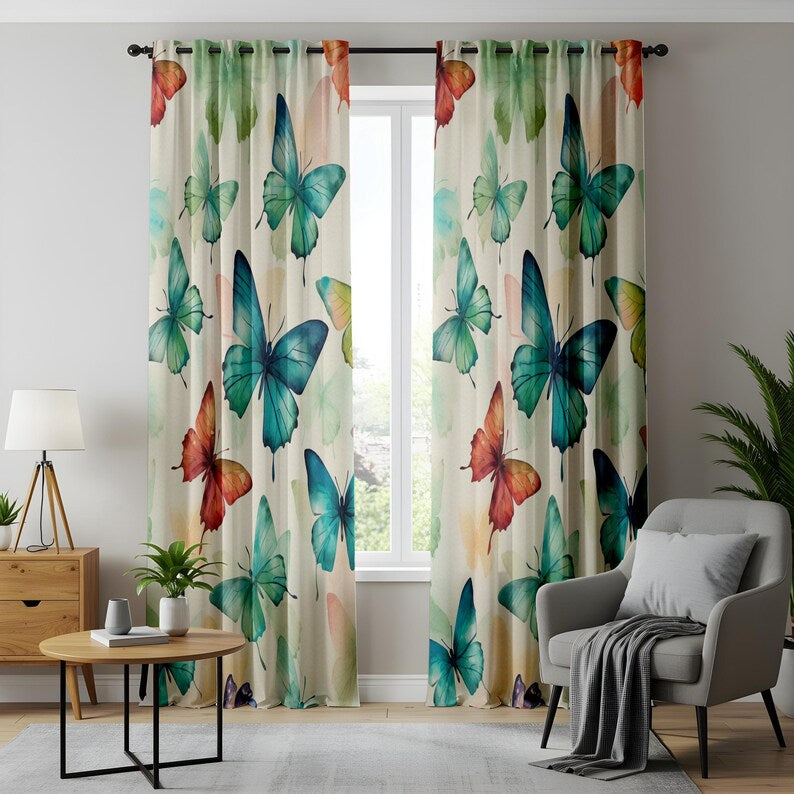 Watercolor Butterfly Living Room Curtains, Soft Multicolor Drapes, Dreamy Nature-Inspired Window Panels, Artistic Home Decor