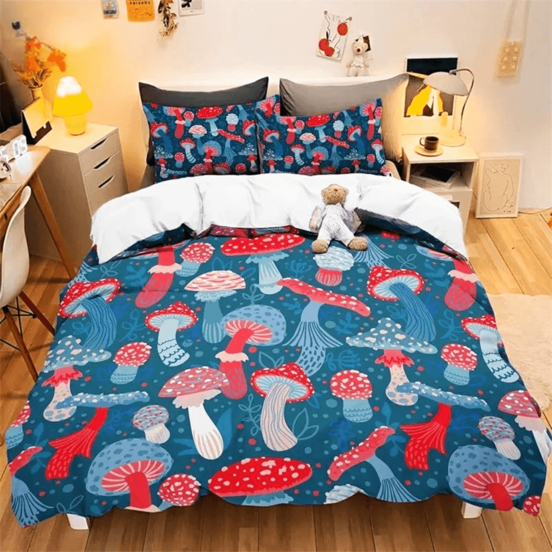 Woodland mushroom quilt cover with watercolor design