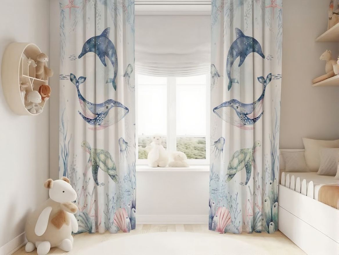 Watercolor Ocean Animals Baby Boy Room Curtain Dolphin and Sea Turtle Nursery
Curtains Window Curtains
