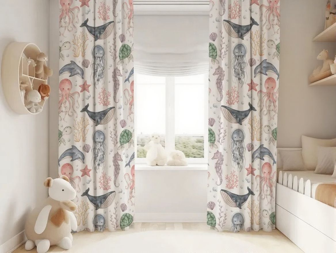 Watercolor Ocean Animals Baby Boy Room Curtain Nursery Girls and boys
Curtains Window Curtains