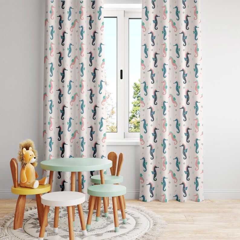 Watercolor Ocean Animals Baby Boy Room Curtain, Seahorse Window Curtains, Nursery Curtains, Window Curtains, Under the Sea Baby Curtains