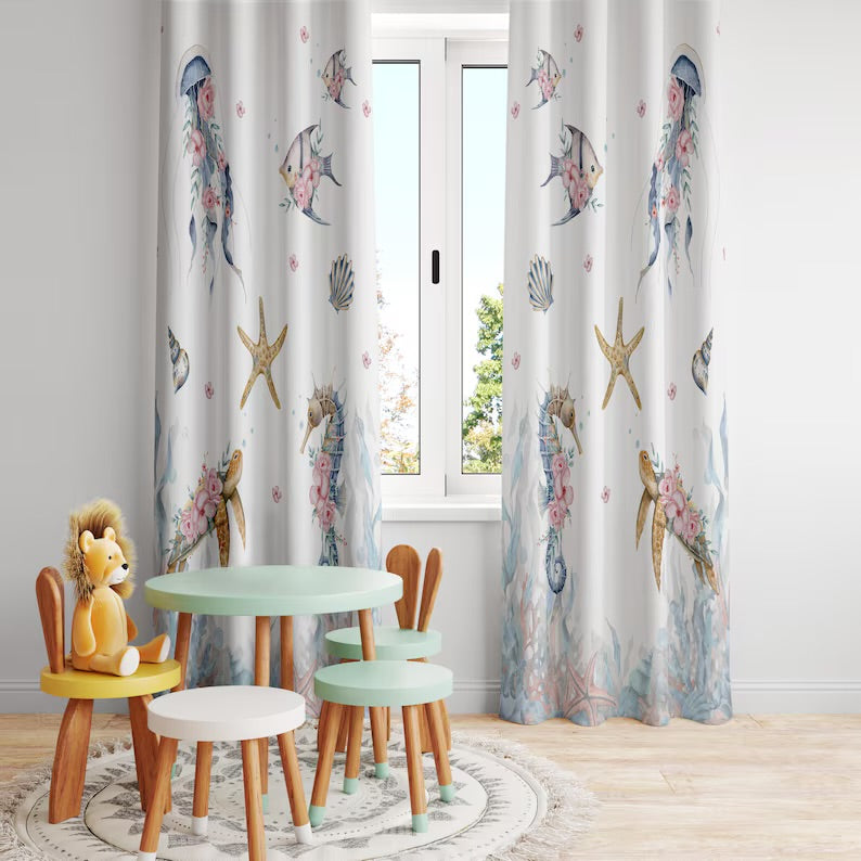 Watercolor Ocean Animals Floral Baby Boy Room Curtain, Nursery Curtains, Window Curtains, Sea Animals Baby Curtains, Black Out Curtains,Kids Curtain