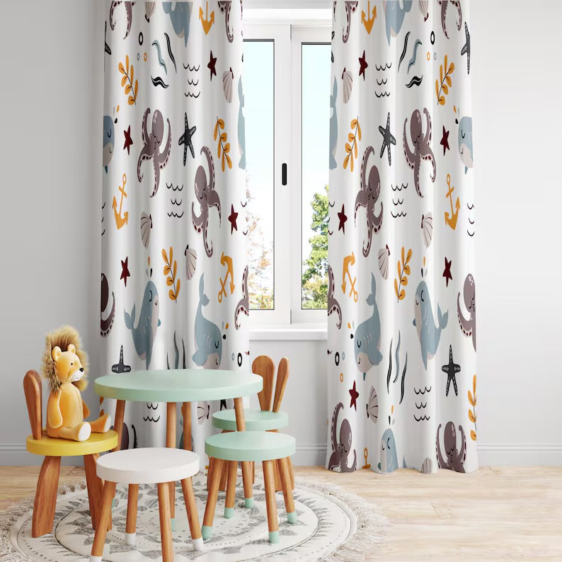 Watercolor Ocean Animals Octopus Baby Boy Room Curtain, Nursery Curtains, Window Curtains, Sea Animals Baby Curtains, Kids Curtains