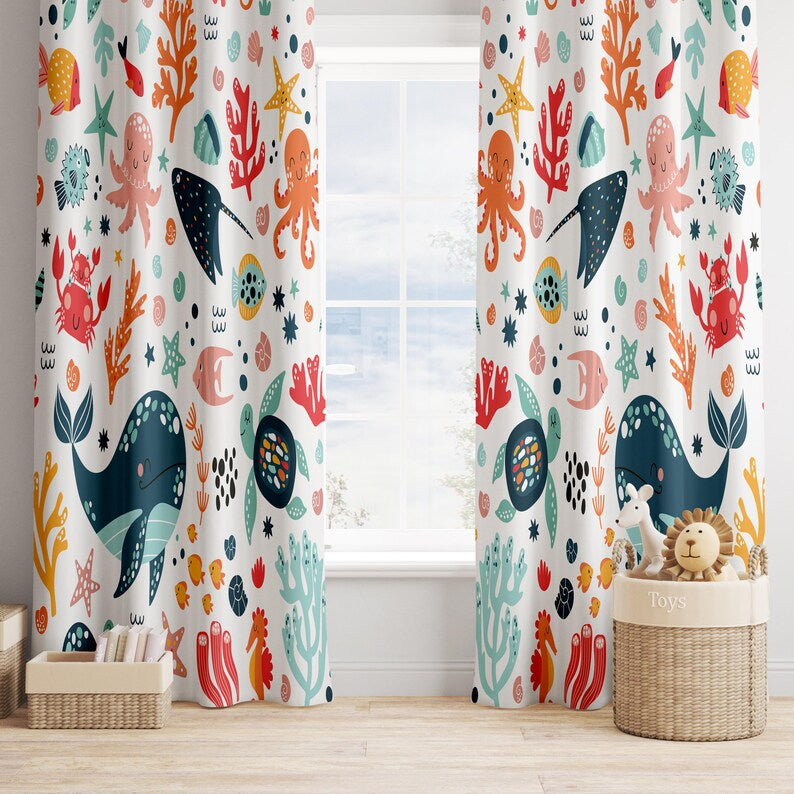 Watercolor Ocean Animals  Puffer fish Baby Boy Room Curtain Nursery
Curtains Window Curtains