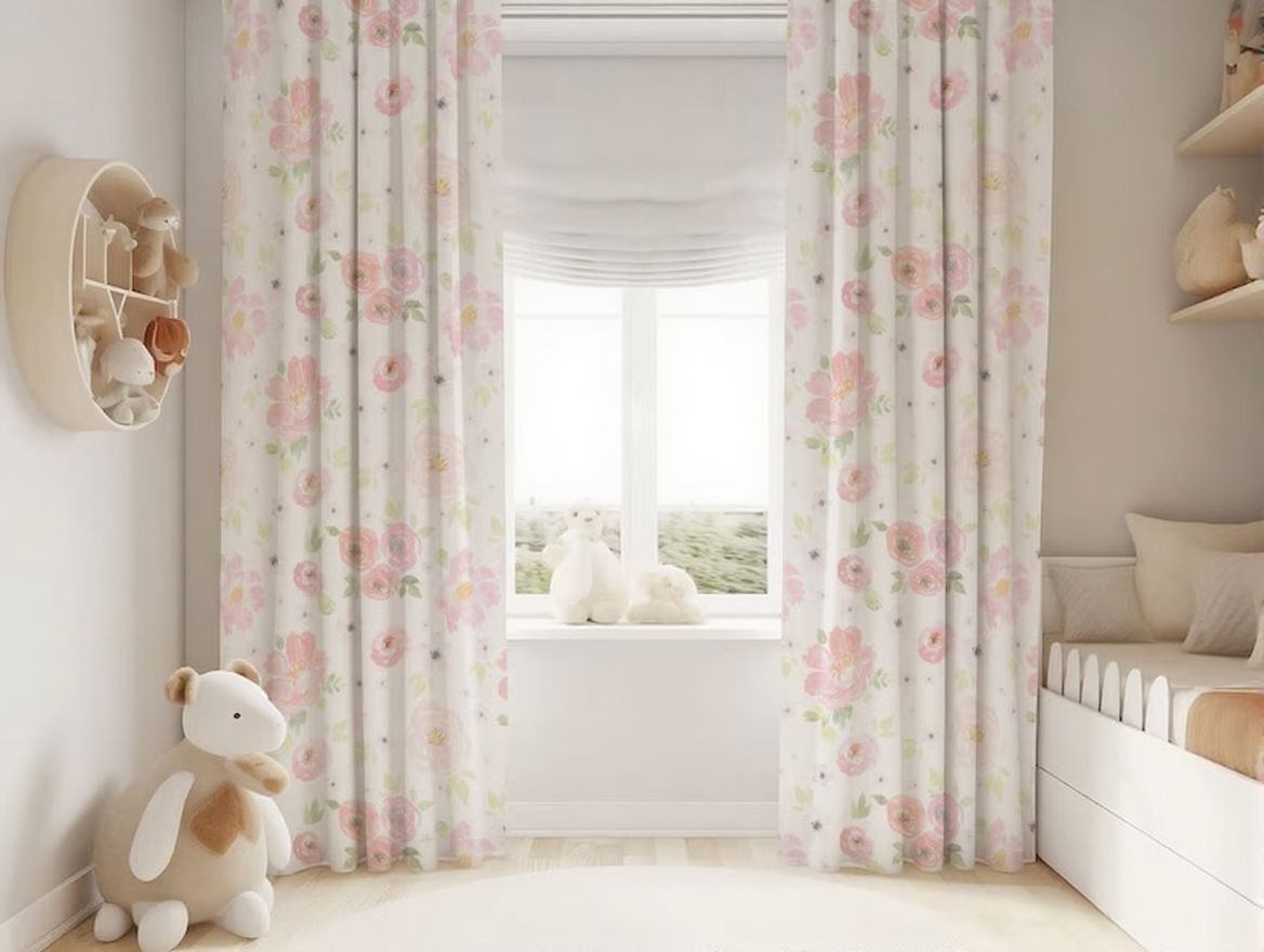 Watercolor Pink Florals Baby Girl Room Curtain Nursery Curtains Window Curtains