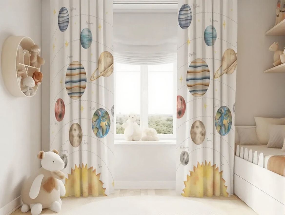 Watercolor Solar System Nursery Curtains: Planets & Stars Baby Boy Room Decor