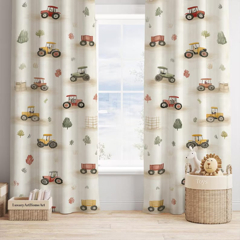 Watercolor Tractors Baby Boy Room Curtain Ultra Soft Nursery Curtains Window Curtains