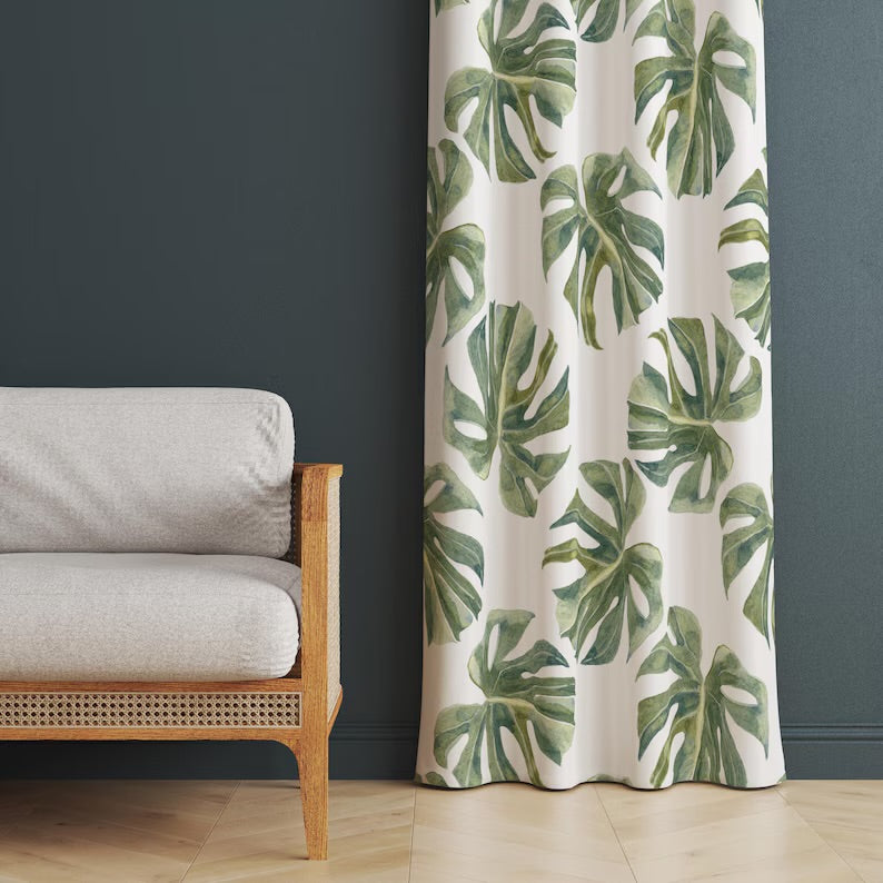 Watercolor Tropical Leaf Curtain: Green Palm Monstera Custom Blackout Drapes, Room Darkening Curtains for Bedroom & Living Room