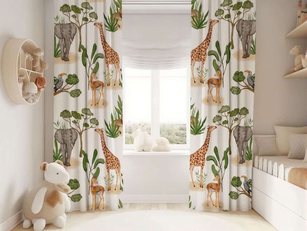 Watercolor safari animal window curtains featuring giraffe and elephant – kids room drapes"