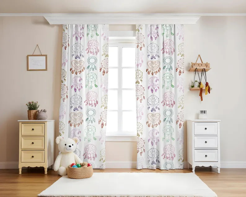 White Color Blackout Curtains | Dreamcatcher Themed | Colorful Simple Patterns, Custom Size | All Sizes | Baby Room Decor I Personalization
