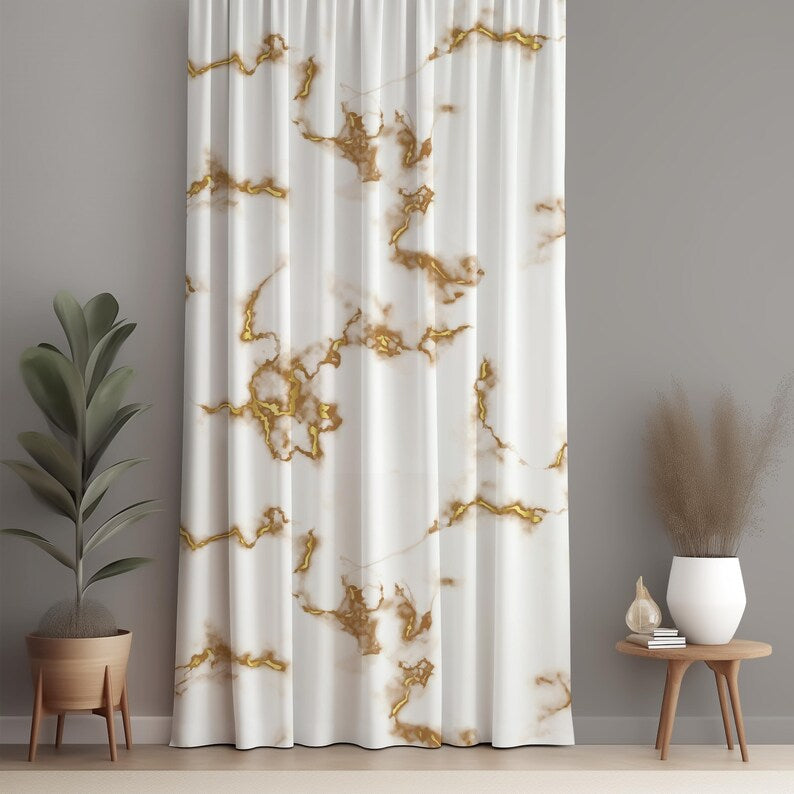 White Gold Marble Curtain Panel, Custom Blackout Drapes - Room Darkening Curtains for Bedroom & Living Room, Floral Curtain