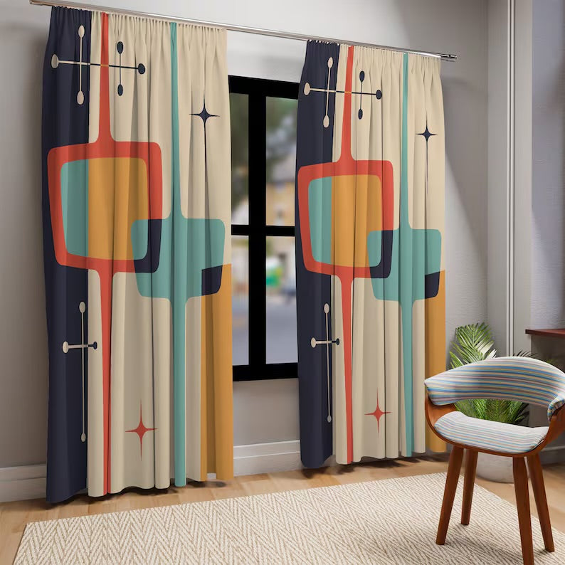 
Window Curtain in Mid Century Modern Atomic Starburst, Retro Home Decor, Livingroom, Bedroom, Sheer, Blackout Geometric Curtains, MCM Decor