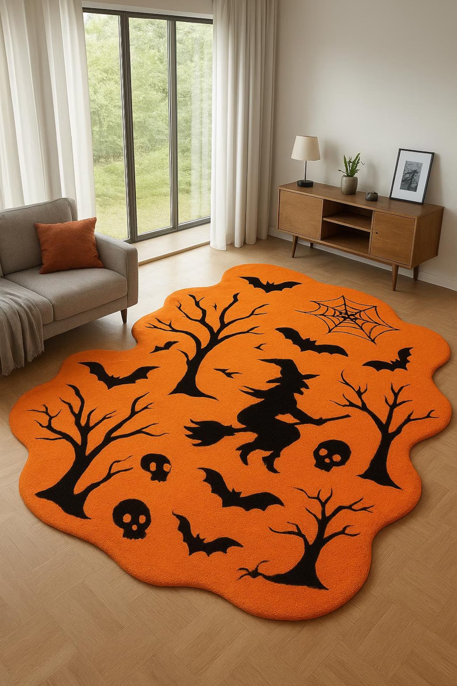 Witch on Broom Halloween Rug Spooky Gothic Home Decor