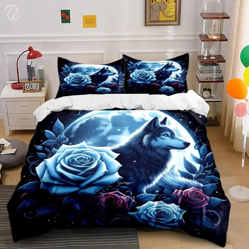 Wolf Rose Moon Duvet Cover My Store