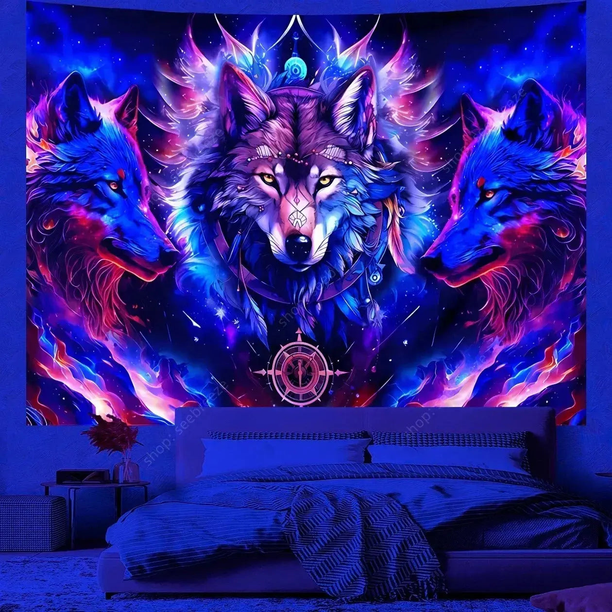 UV Glow Wolf Wall Hanging Cloth with Cosmic Background
