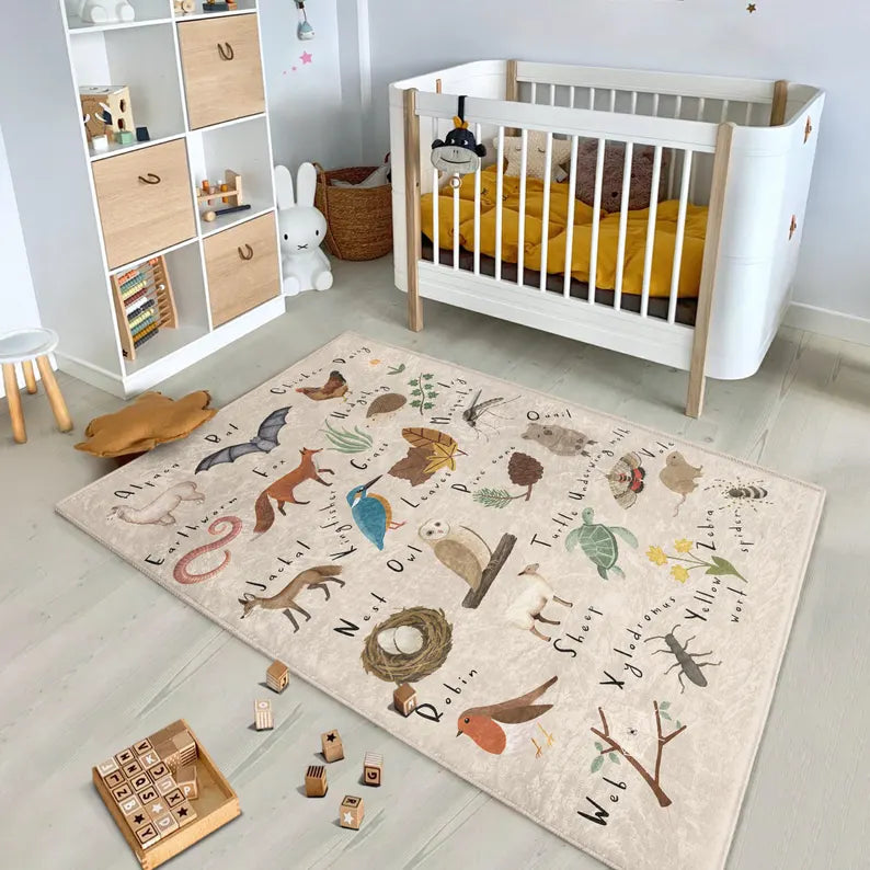 Woodland Animal Learning Rug - Alphabet Forest Design Mat - Nursery Area Carpet - Kids Room Accent -Rustic Nature Inspired-Washable Play Mat