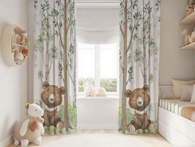 Woodland Animals Bear Baby Boy Room Curtain Nursery Curtains Window Curtains