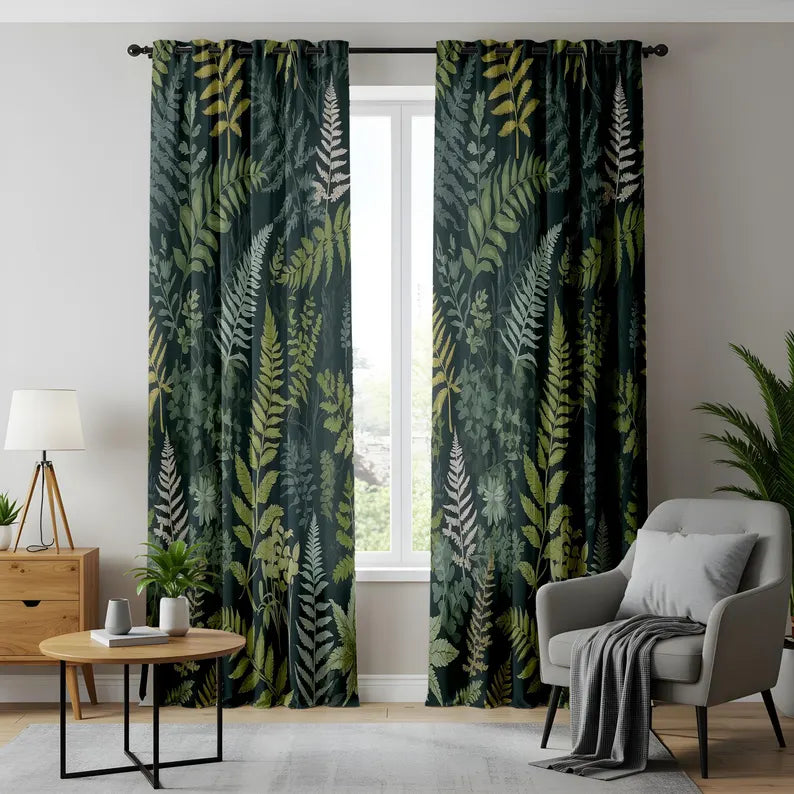 Woodland Fern Curtains, Dark Green Forest Botanical Drapes, Elegant Nature-Inspired Leaf Print, Cozy Living Room Curtains