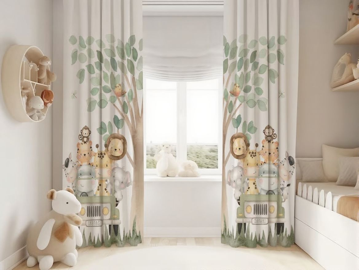 "Woodland safari themed curtains with lion and zebra illustrations – watercolor kids drapes"