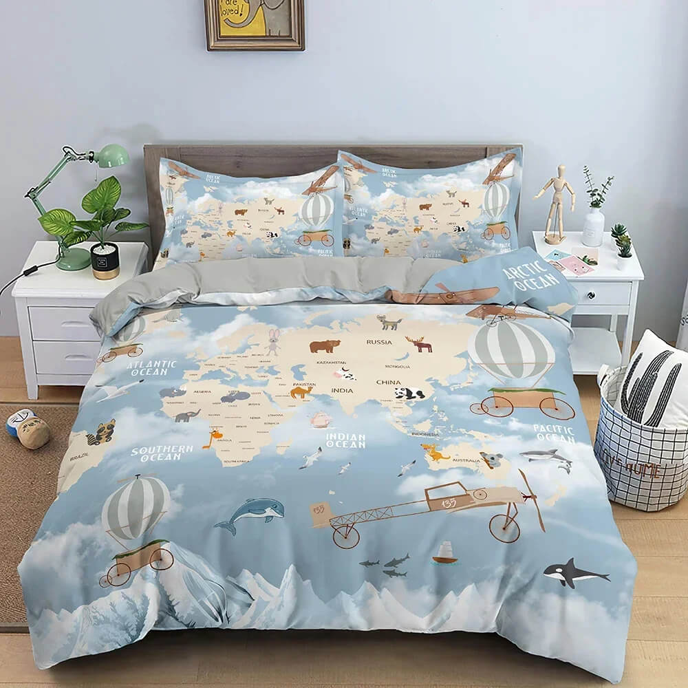 World map duvet cover set with pillowcases