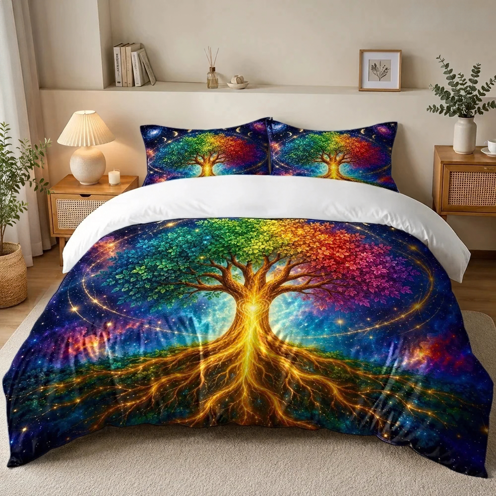 A colorful galaxy tree of life bedding set featuring a vibrant duvet cover and two matching pillowcases on a bed in a styled bedroom setting.